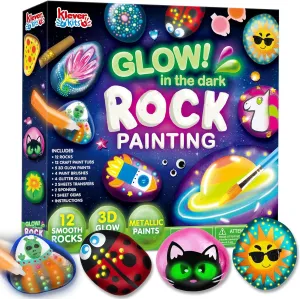 12 Rock Painting Kit, 43 Pcs Arts and Crafts for Kids Ages 4-8 , Art Supplies with 18 Paints (Glow in The Dark & Metallic & Standard), Craft Paint Kits, Kids Toy Gifts for Boys and Girls Ages 4 