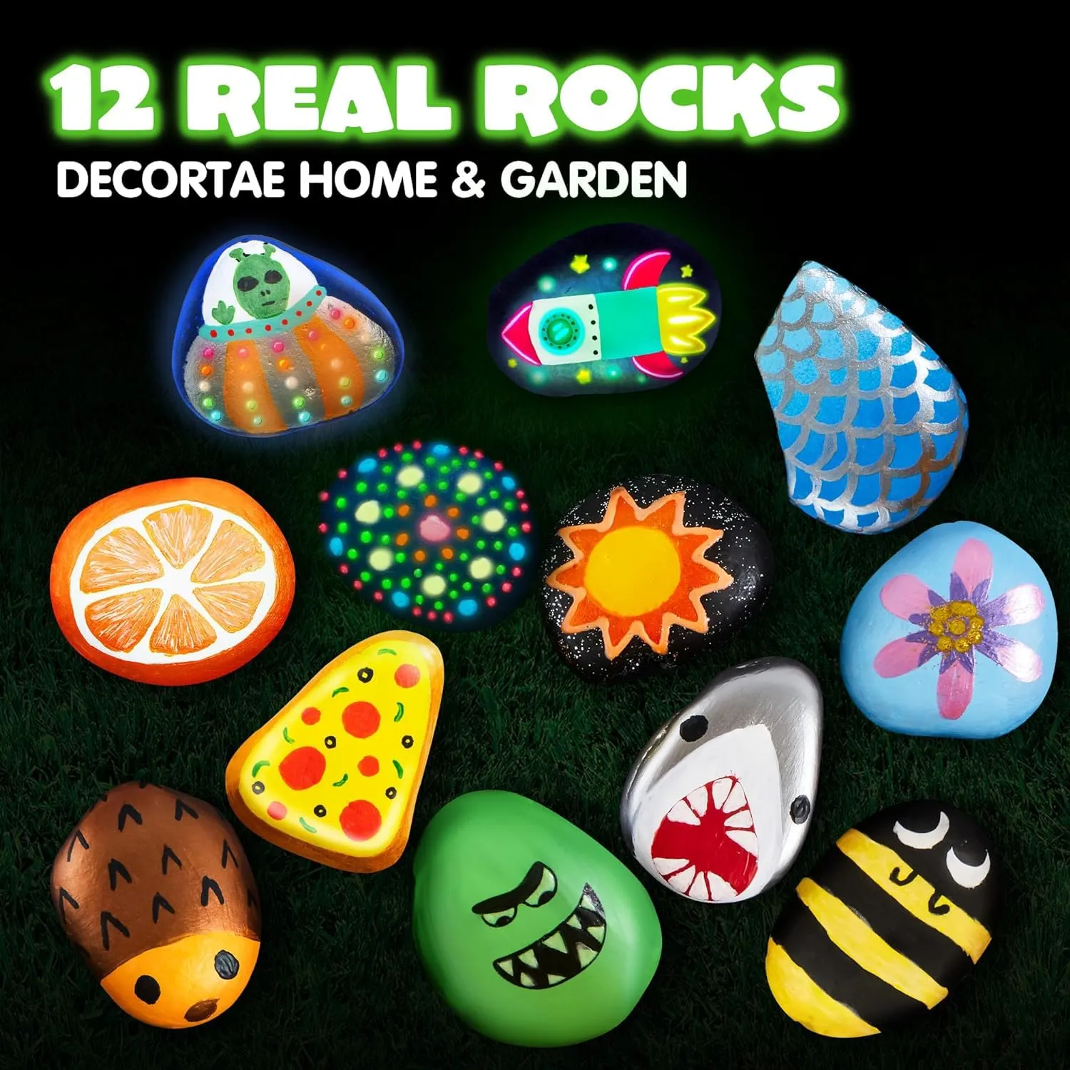 12 Rock Painting Kit, 43 Pcs Arts and Crafts for Kids Ages 4-8 , Art Supplies with 18 Paints (Glow in The Dark & Metallic & Standard), Craft Paint Kits, Kids Toy Gifts for Boys and Girls Ages 4 