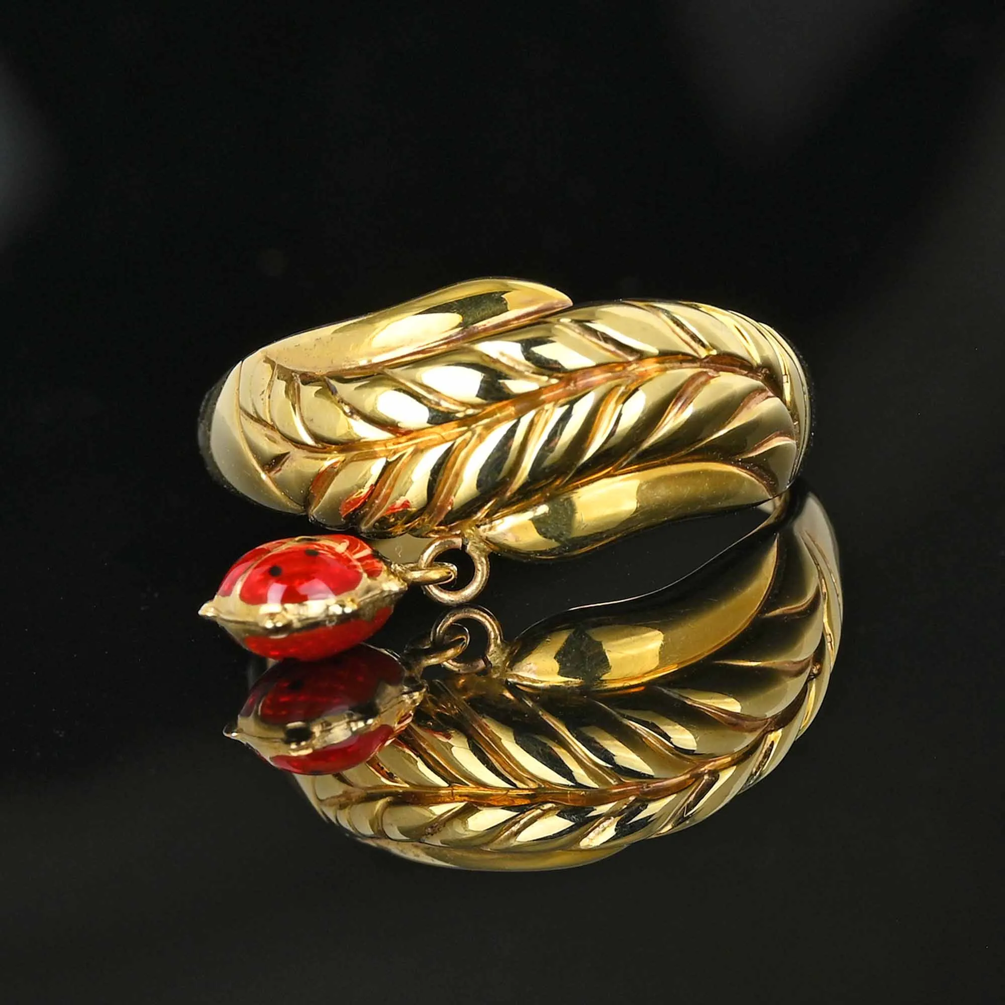 14K Gold Leaf Red Enamel Ladybug Charm Ring