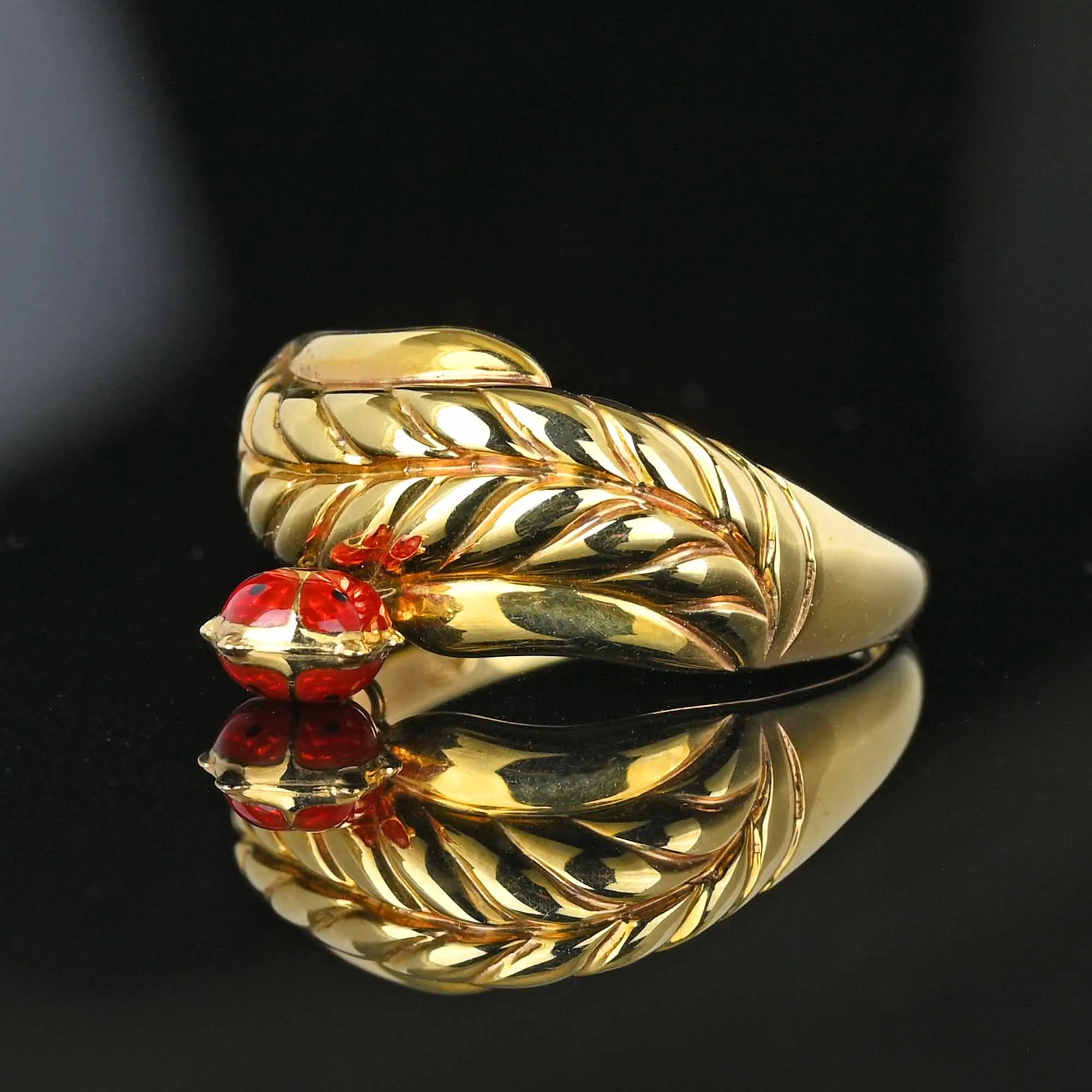 14K Gold Leaf Red Enamel Ladybug Charm Ring