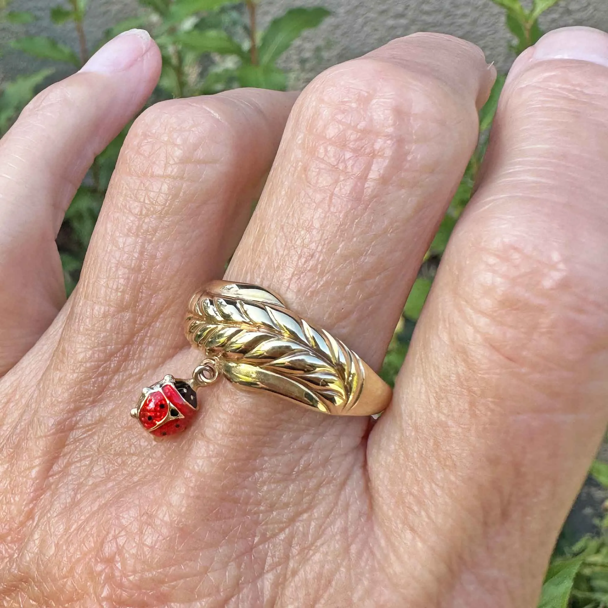 14K Gold Leaf Red Enamel Ladybug Charm Ring