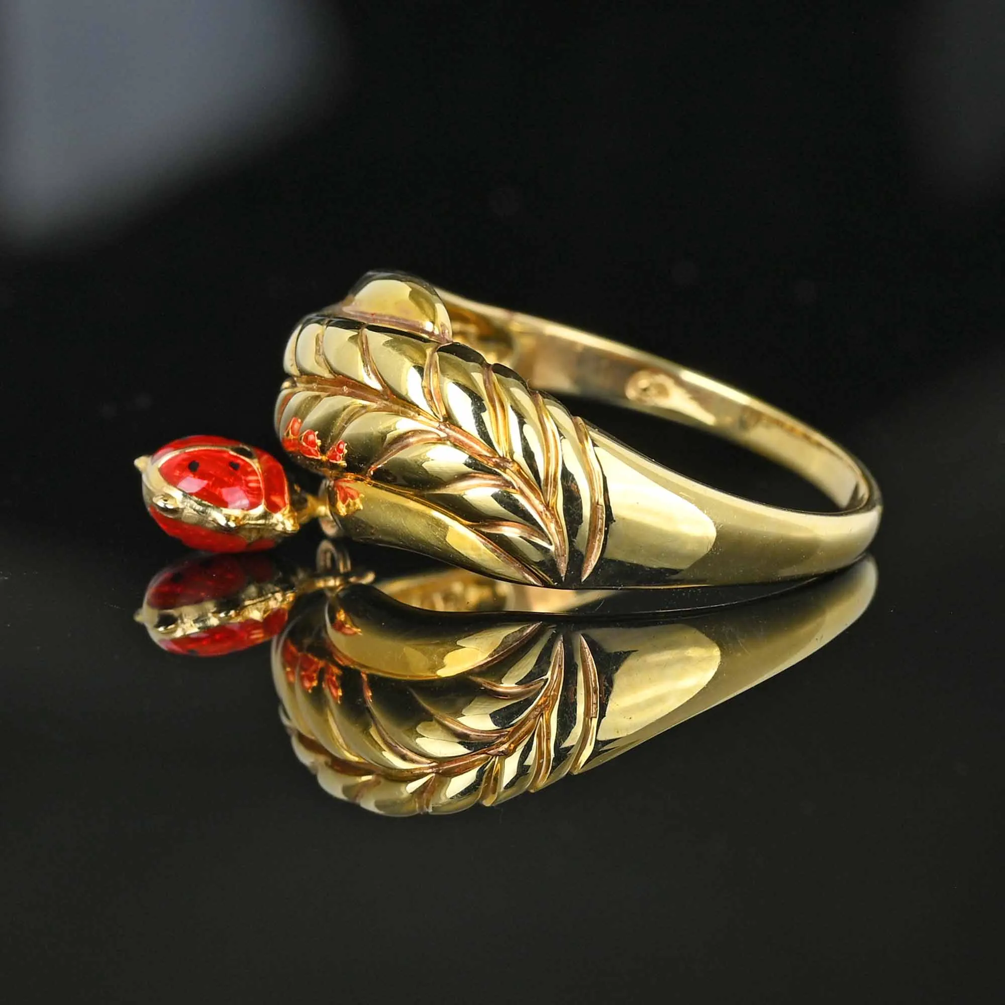 14K Gold Leaf Red Enamel Ladybug Charm Ring