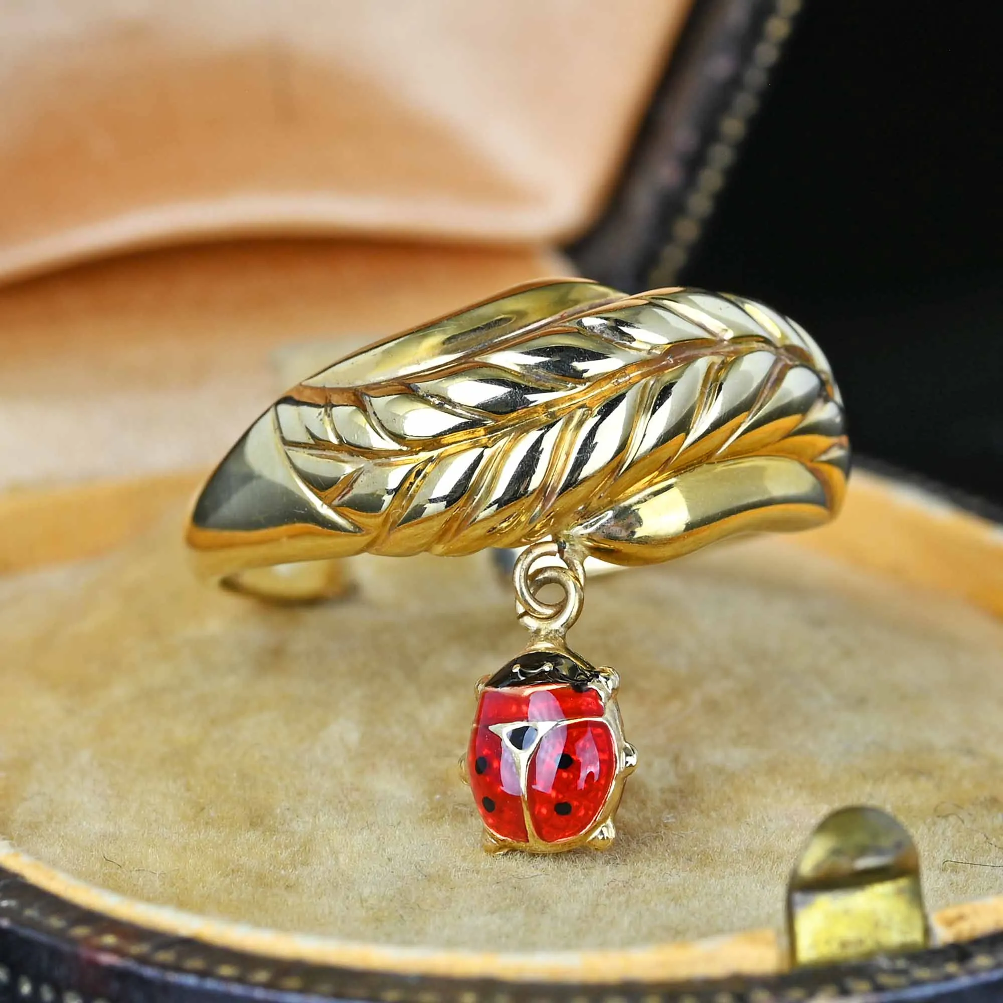 14K Gold Leaf Red Enamel Ladybug Charm Ring