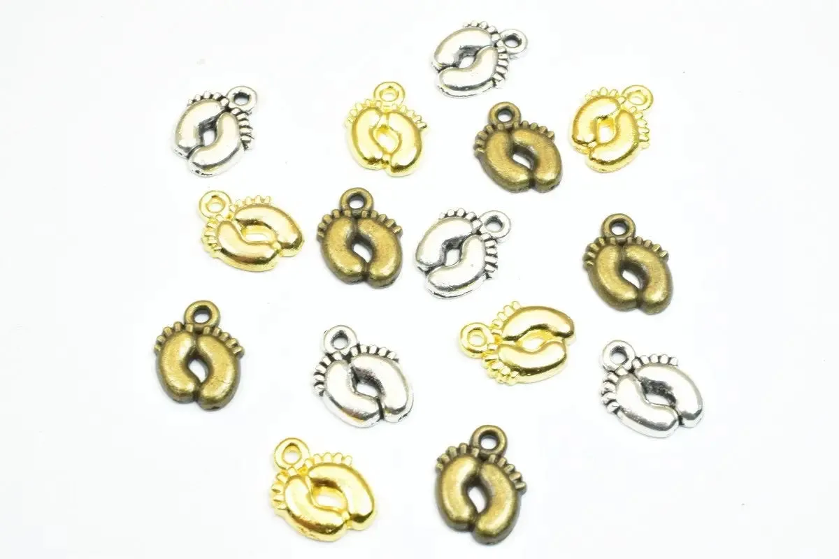 18 PCs Baby Feet Penny Alloy Charm Gold/Antique Green/Antique Silver Beads Size 13x10mm JumpRing Size 1.5mm Decorative Design Jewelry Making