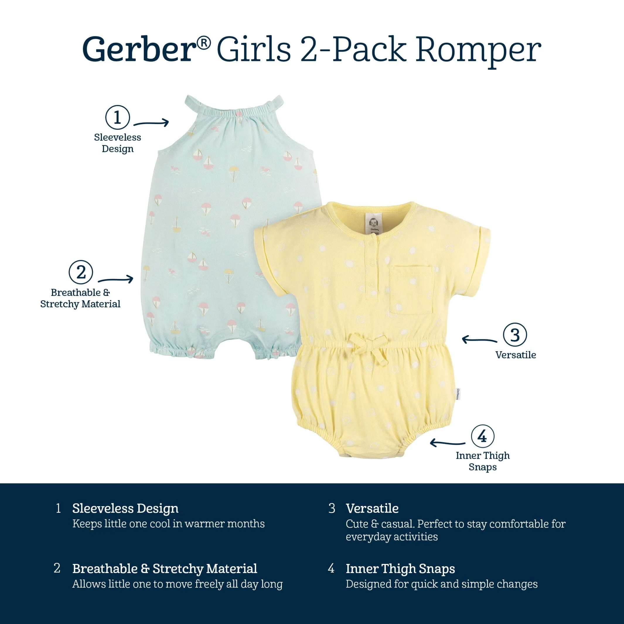 2-Pack Baby Girls Sailboats Rompers