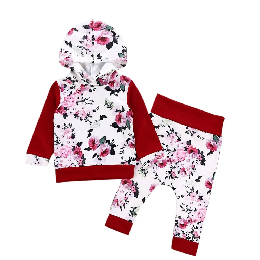 2018 Hot Sale 2Pcs Newborn Baby Boys Girls Floral Print Hooded Tops Pullover Pants Outfits Set