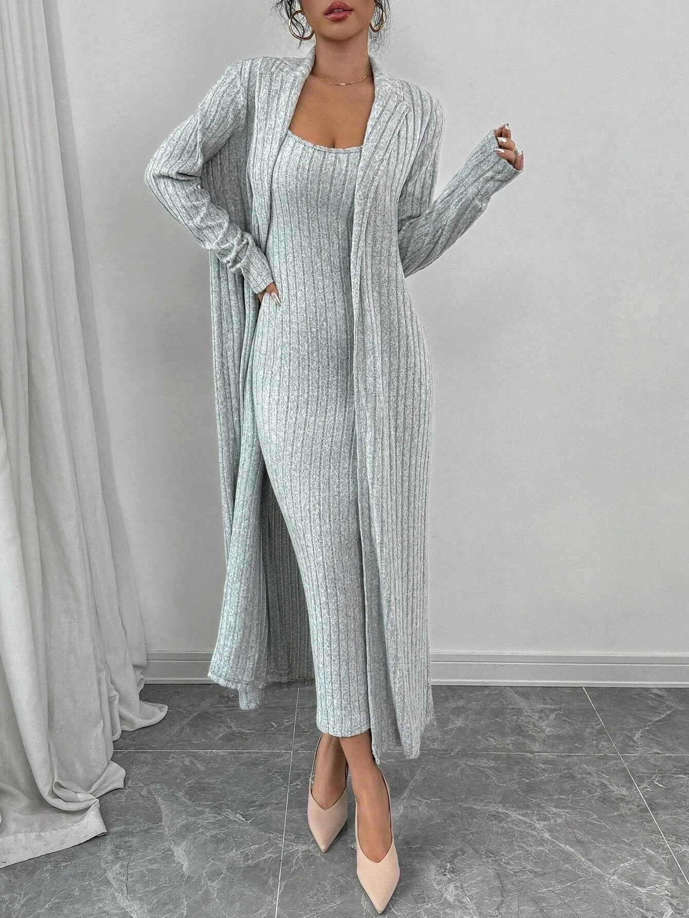 2pcs Women Casual Solid Color Ribbed Knit Long Cardigan & Bodycon Mini Dress Set, Autumn