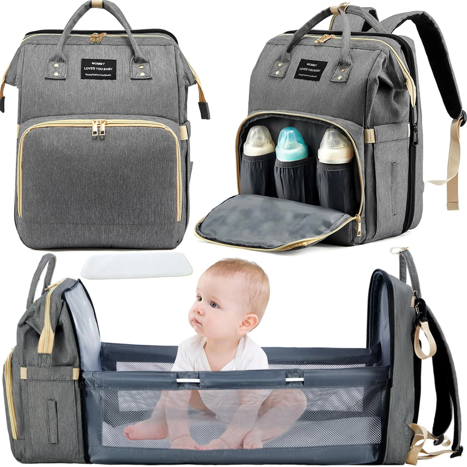 3 in 1 Diaper Bag, Waterproof, Large Capacity Baby Travel Diaper bag Backpack with Changing Pad, Insulated Bottle Holders, Wipes Pocket, and Stroller Buckle, Perfect for Moms