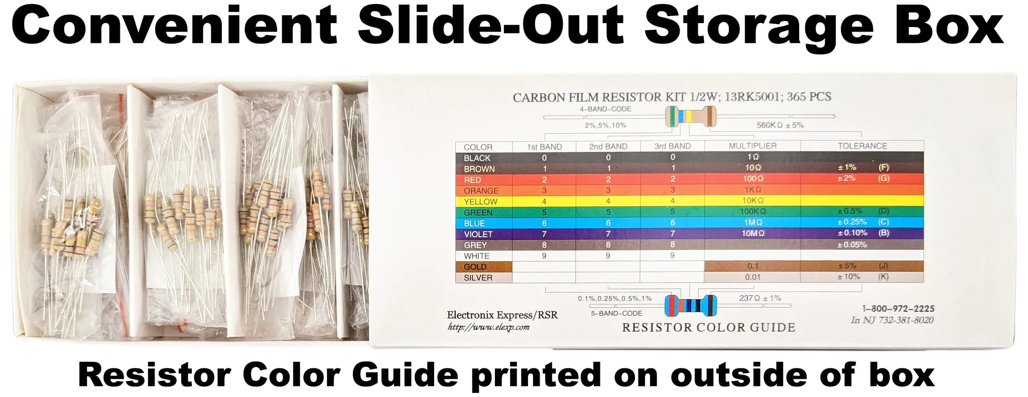 365 Piece Resistor Kit 1/2 Watt in Compartmentalized Cardboard Storage Box - Wide Variety of Values