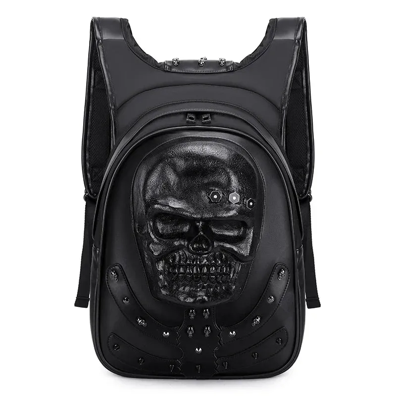 3D Backpack Leather Skull Travel Rock Rivets Embossed Laptop Gothic Punk Bag