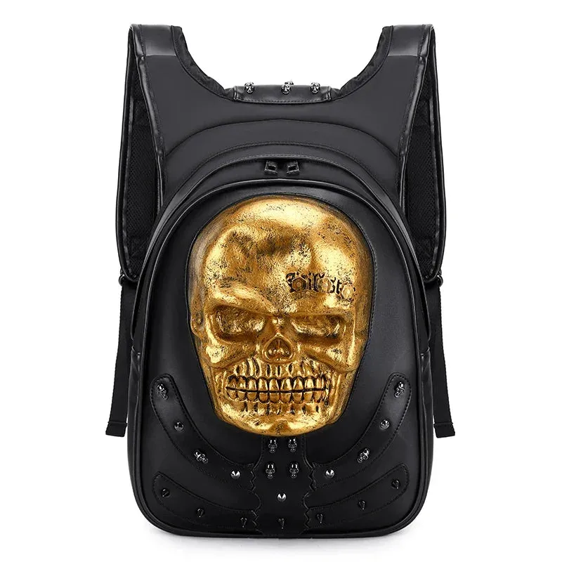 3D Backpack Leather Skull Travel Rock Rivets Embossed Laptop Gothic Punk Bag