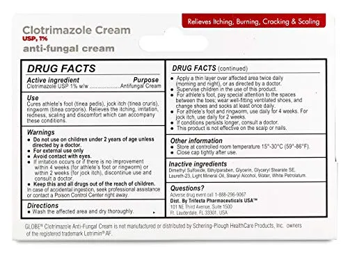 (5 pack) Globe Clotrimazole 1% Cream (1 oz) Relieves the itching, burning, cracking and scaling associated Athletes Foot, Jock Itch, Ringworm and more.