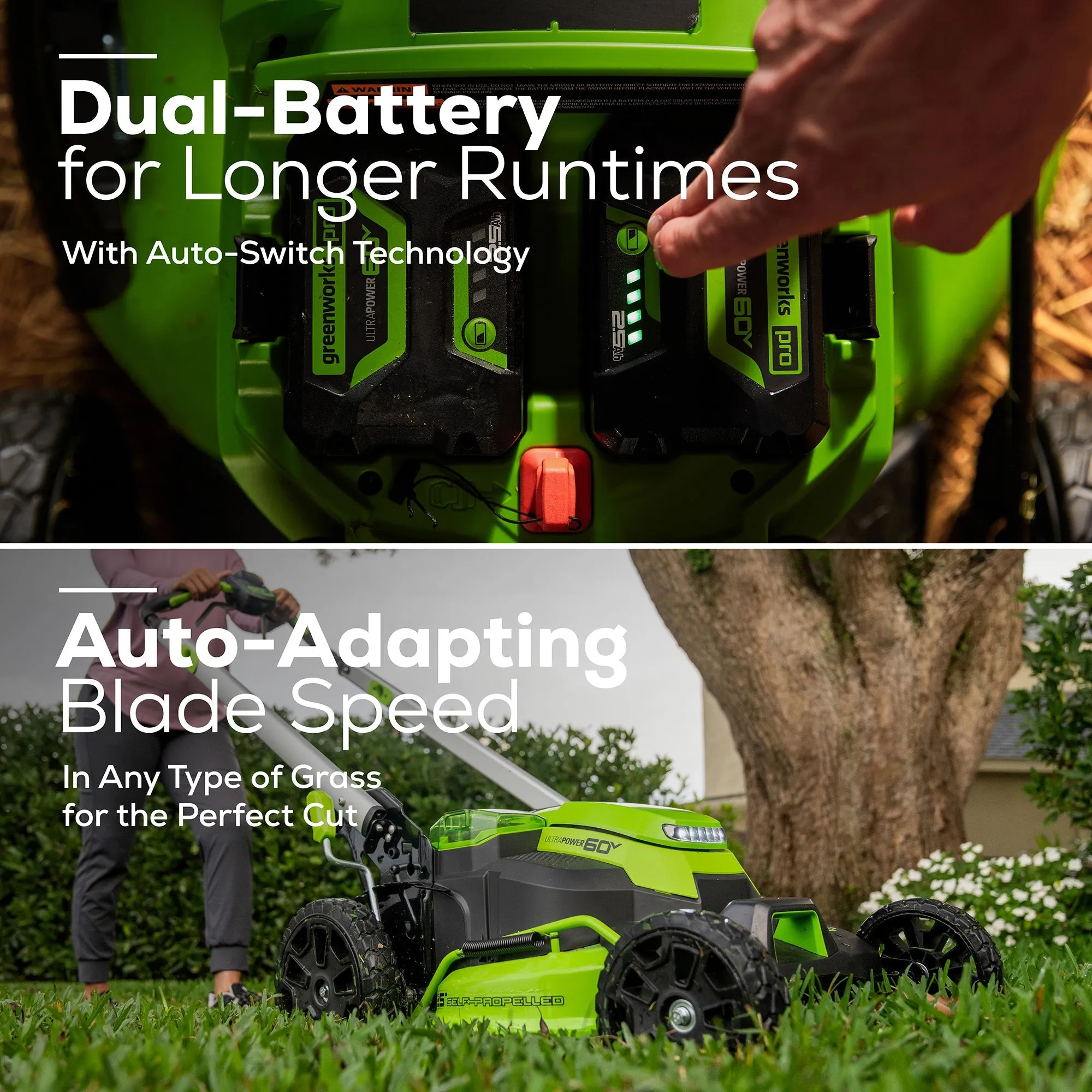 60V 25" Self-Propelled Mower 5-pc Combo Kit w/ (3) 4.0Ah Batteries, (1) Single Port Chargers & (1) Dual Port Charger