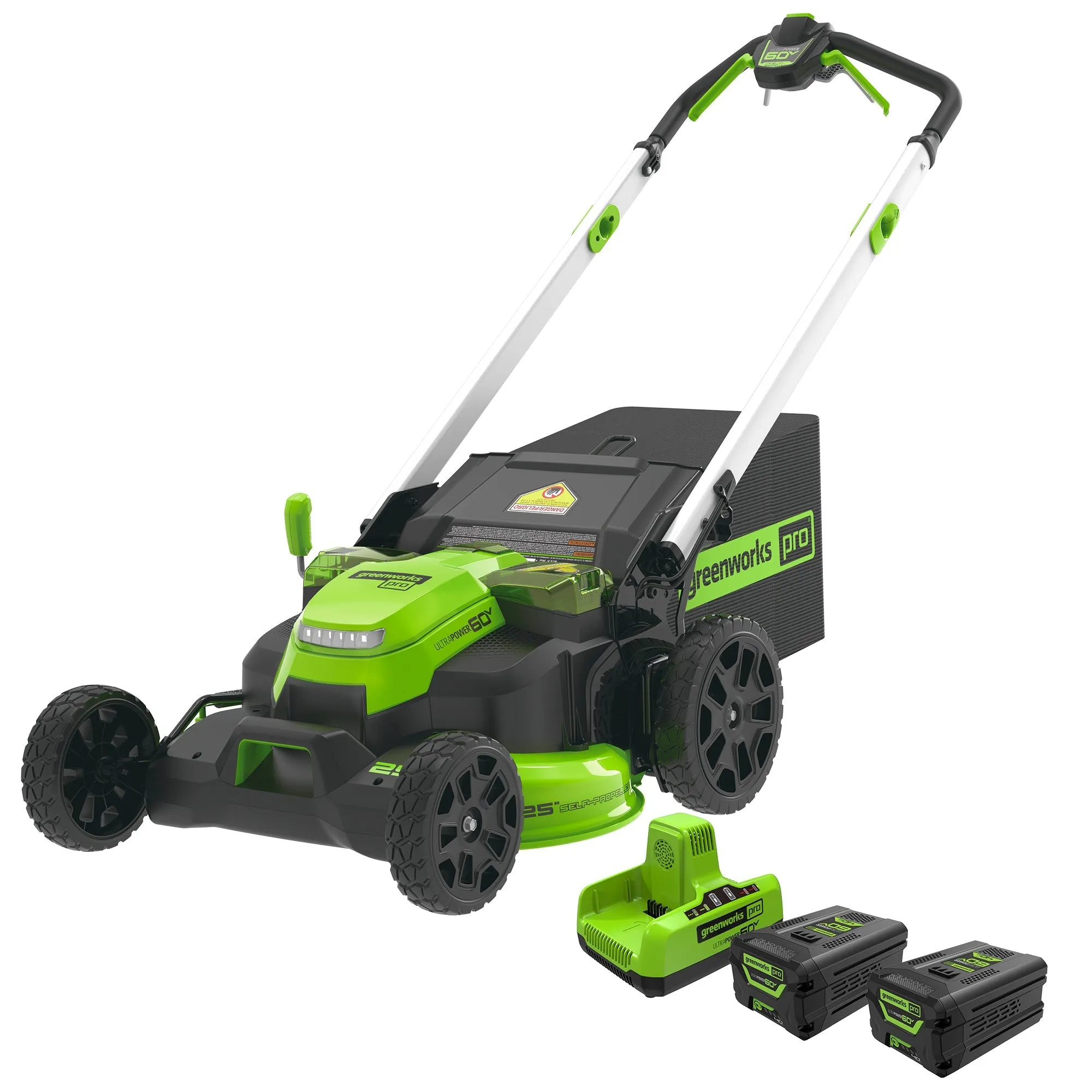 60V 25" Self-Propelled Mower 5-pc Combo Kit w/ (3) 4.0Ah Batteries, (1) Single Port Chargers & (1) Dual Port Charger