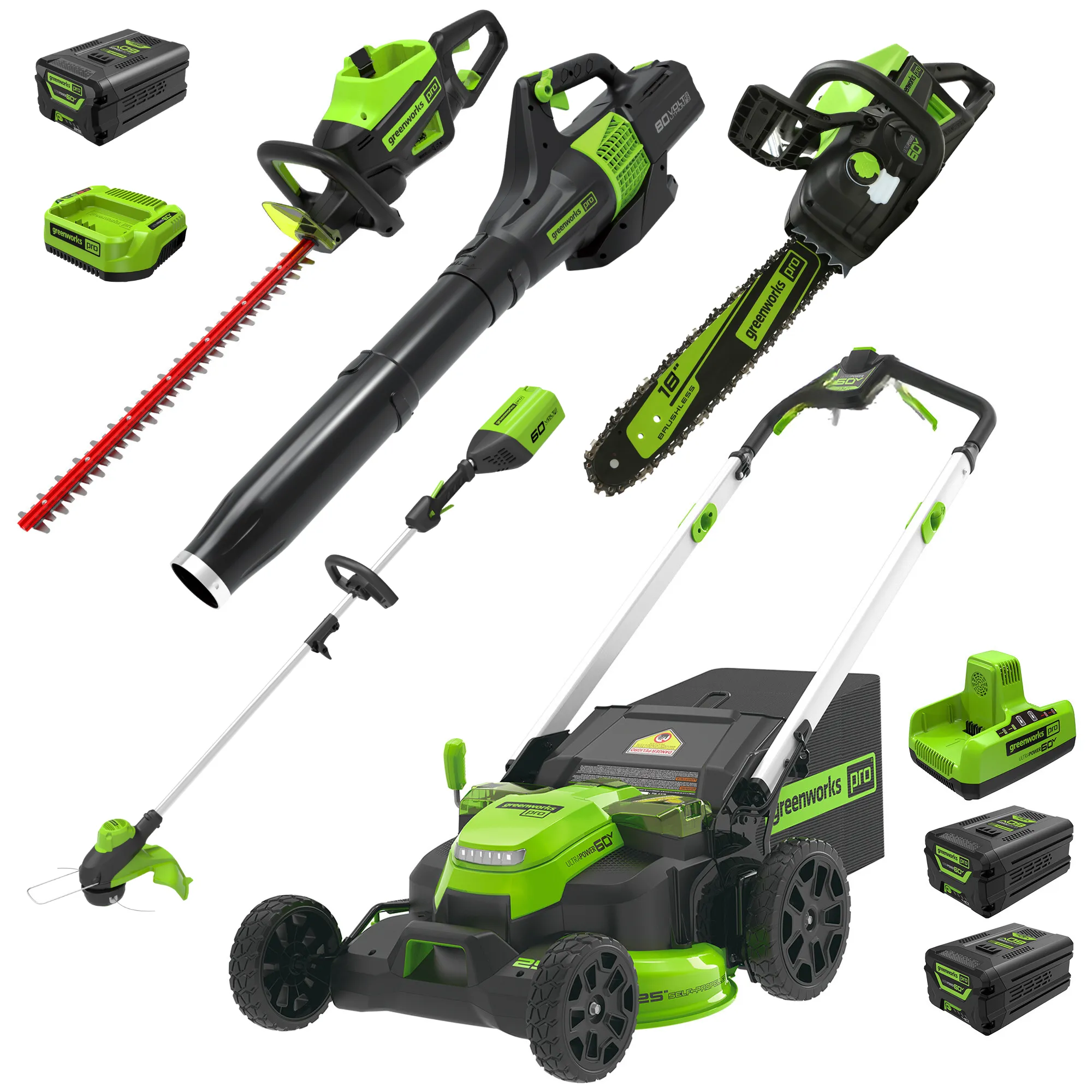 60V 25" Self-Propelled Mower 5-pc Combo Kit w/ (3) 4.0Ah Batteries, (1) Single Port Chargers & (1) Dual Port Charger