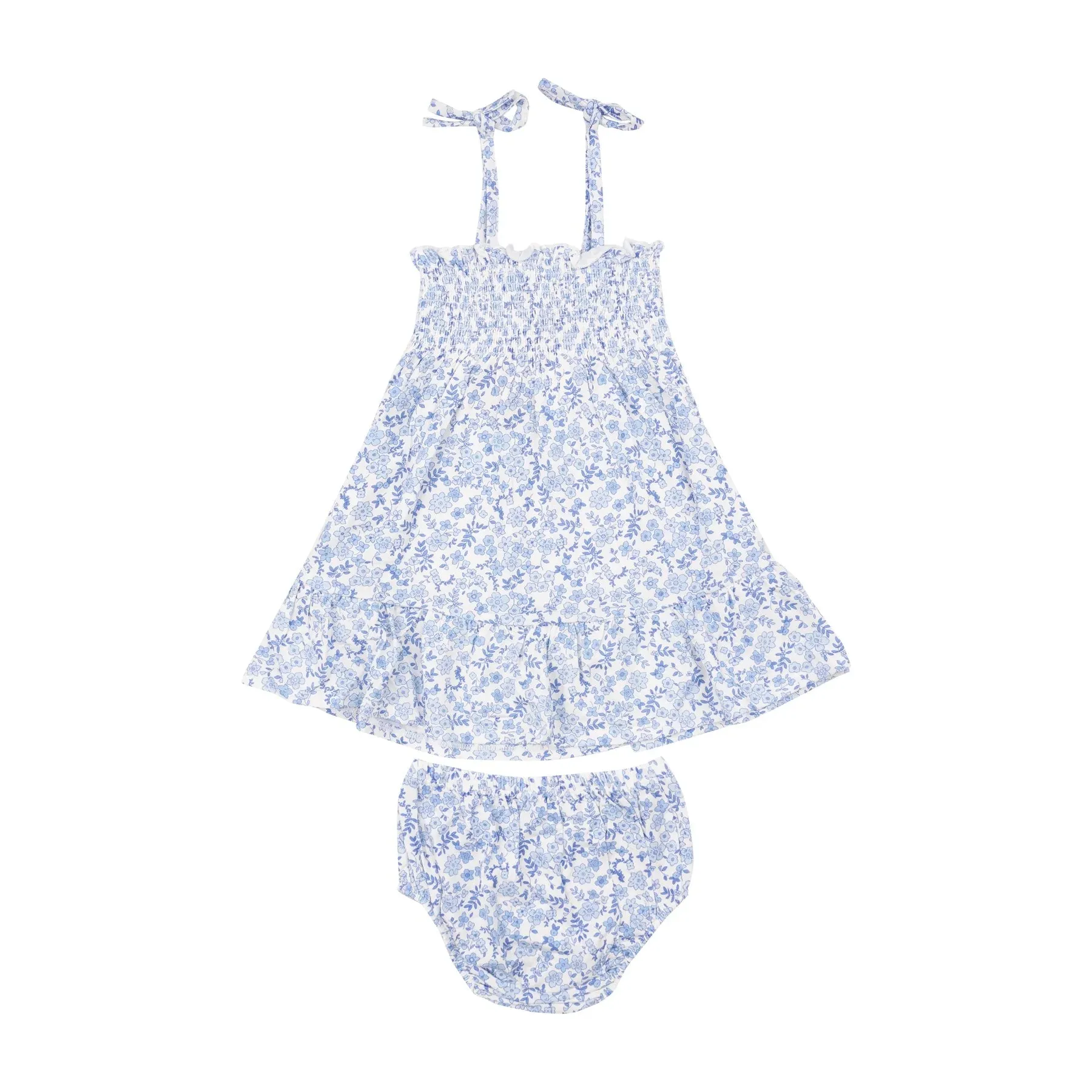 Angel Dear Blue Calico Floral TIE STRAP SMOCKED SUN DRESSS DIAPER COVER