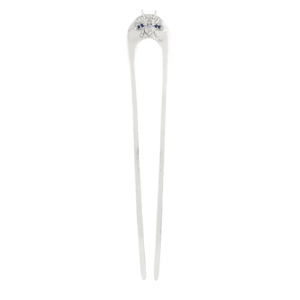 Arc Jeweled Cornu Hair Pin in Silver with Moonstone and Lapis