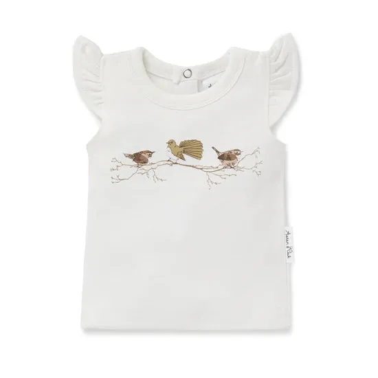 Aster & Oak Organic Birds Print Flutter Tee - Snow White