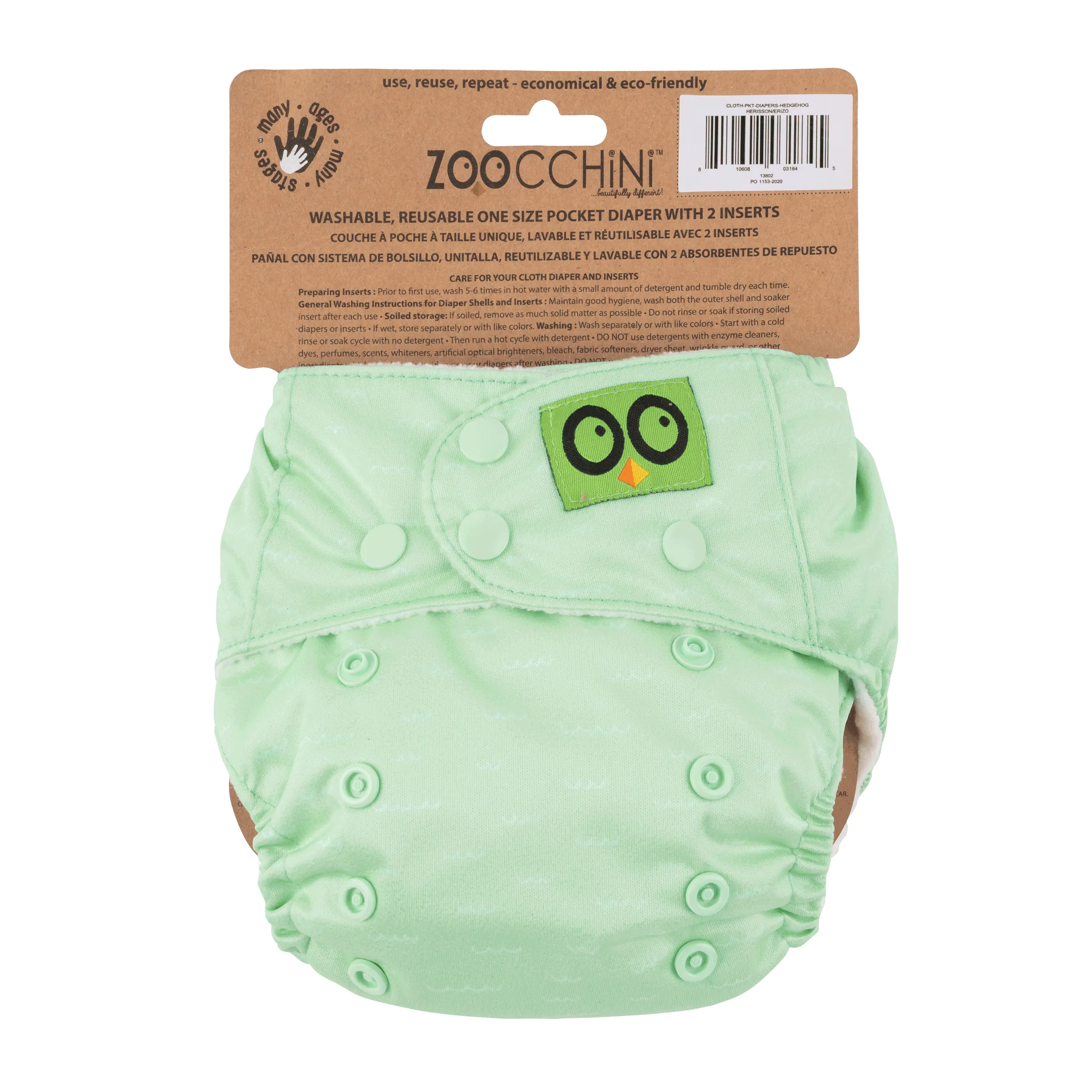 Baby/Toddler Reusable Cloth Pocket Diaper ( 2 Inserts) - Harriet the Hedgehog