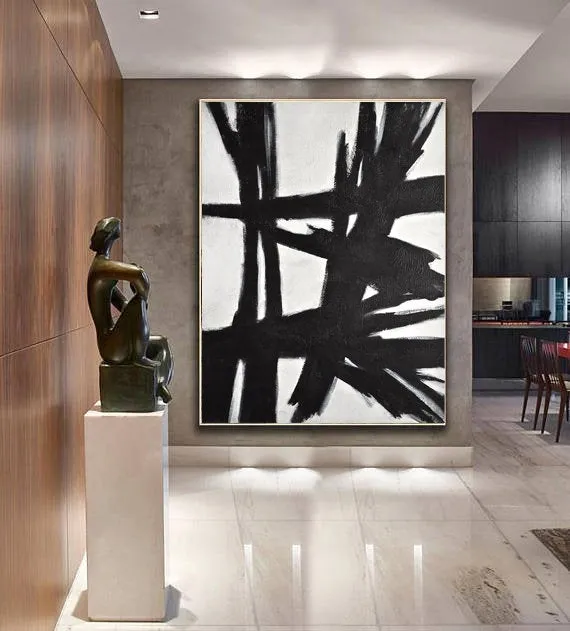 Black and White Abstract Painting Original Large Wall Art Vertical Np019