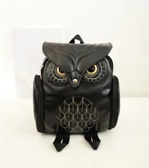 Black Faux Fake Leather Owl Embrodiery Backpack