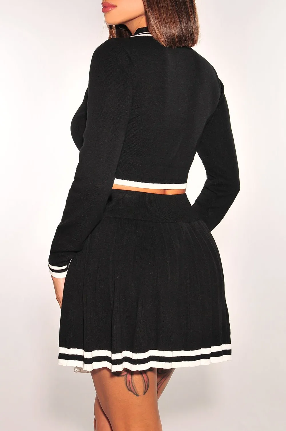 Black Long Sleeve Collared Button Up High Waist Pleated Skirt Two Piece Set