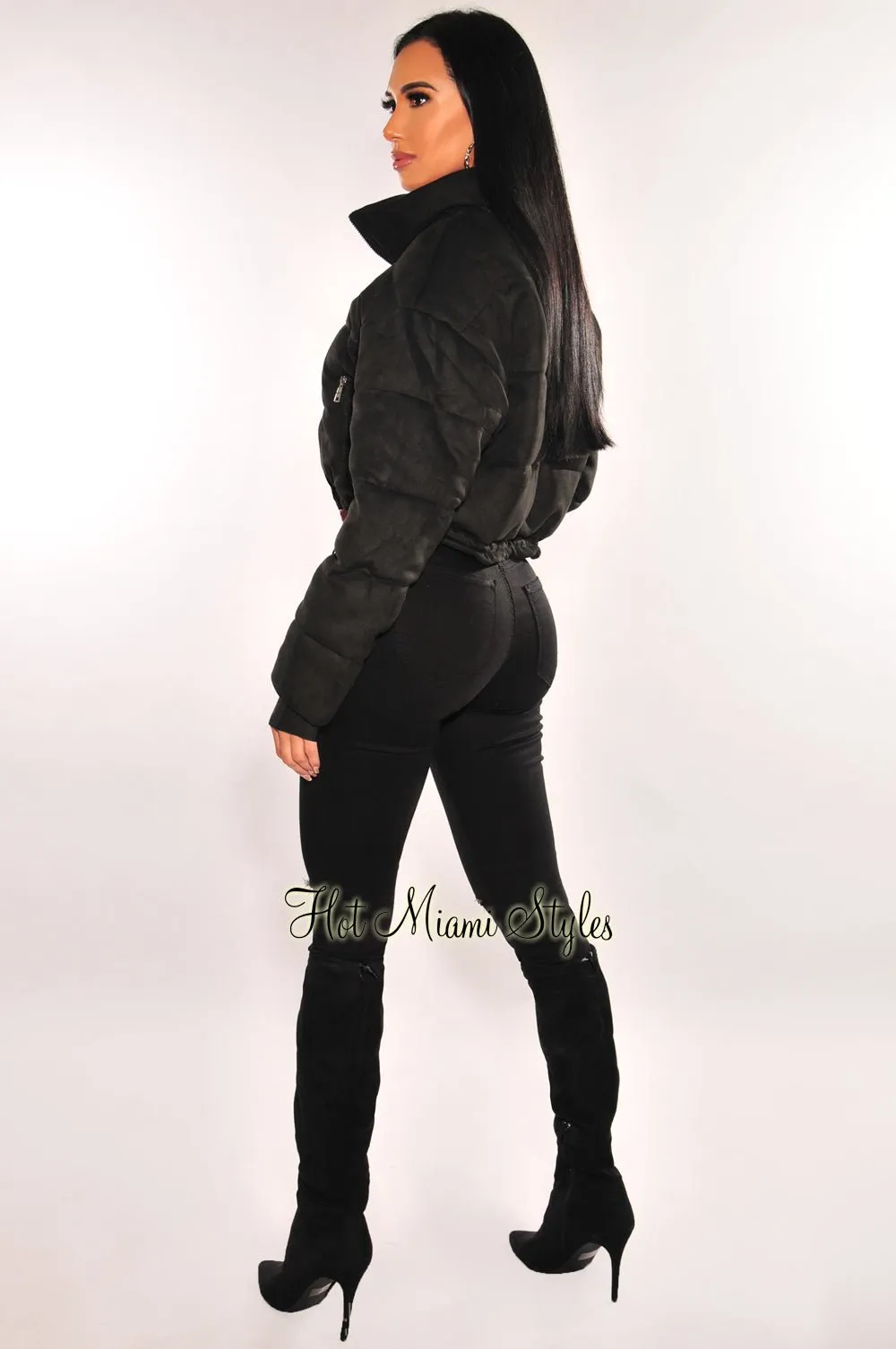 Black Puffer Collared Zipper Long Sleeve Cropped Jacket