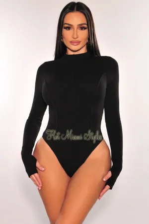 Black Ribbed Mock Neck Exposed Seams Long Sleeve Thong Bodysuit