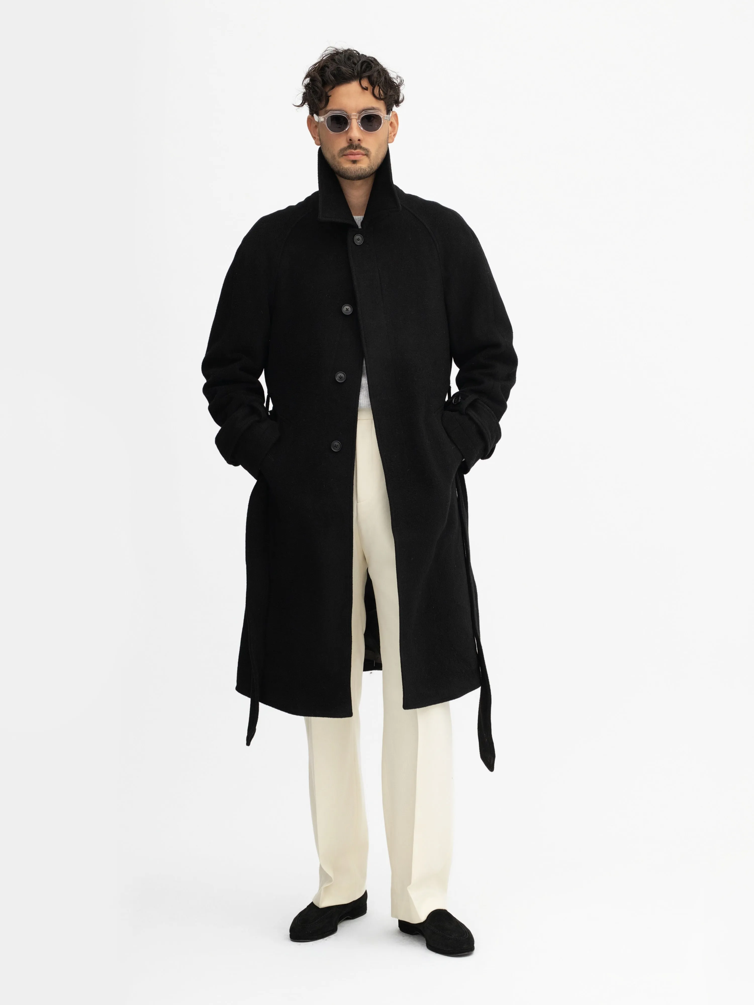 Luxurious Black Virgin Wool Raglan Overcoat for Men