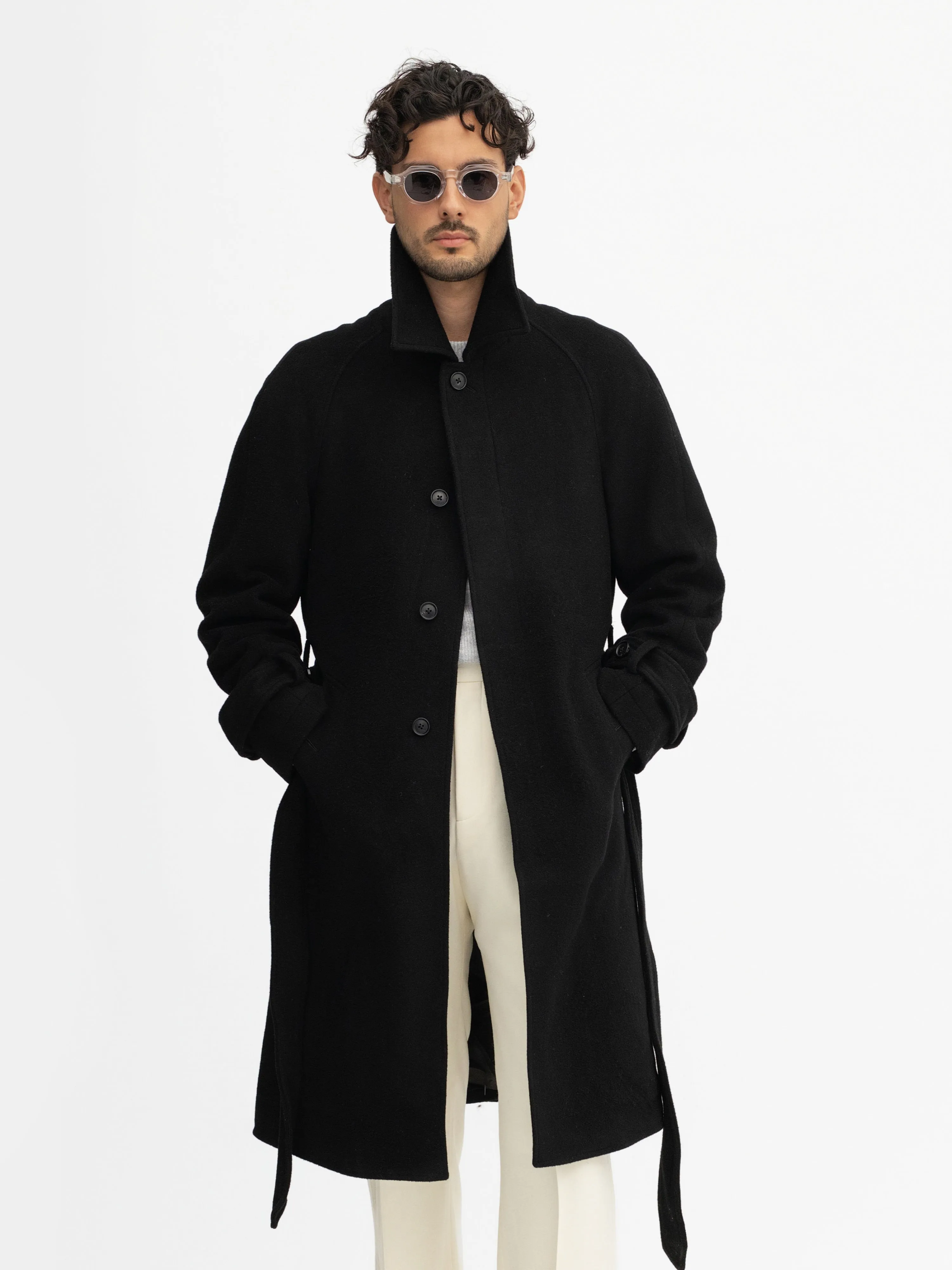 Luxurious Black Virgin Wool Raglan Overcoat for Men