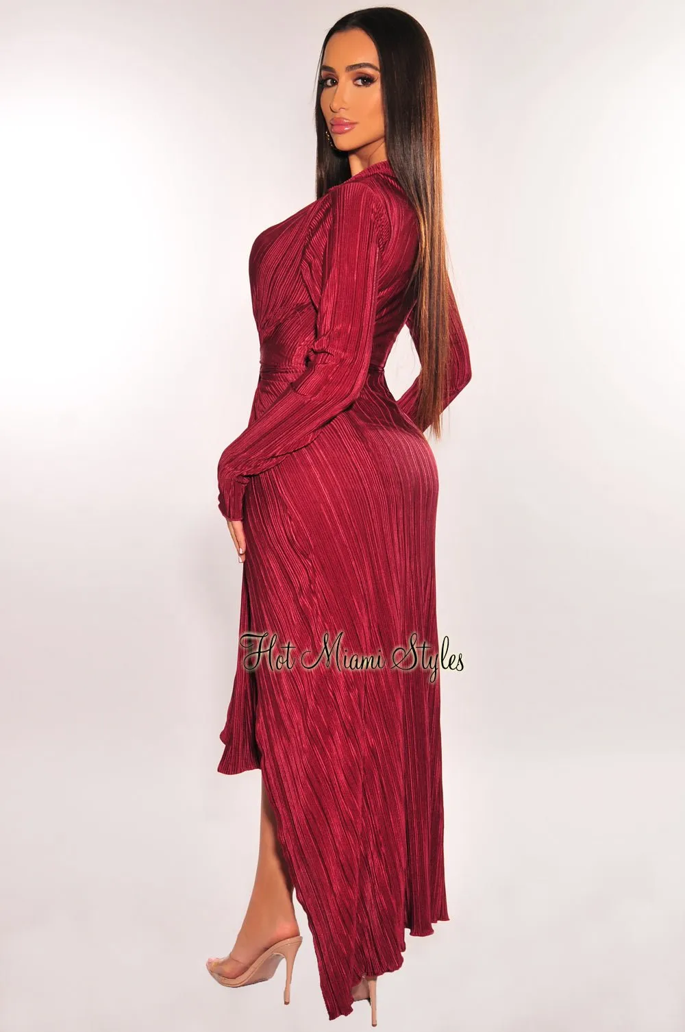 Burgundy Ribbed Collared Belted Long Sleeve Duster