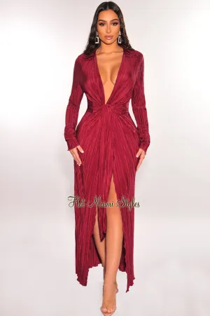 Burgundy Ribbed Collared Belted Long Sleeve Duster