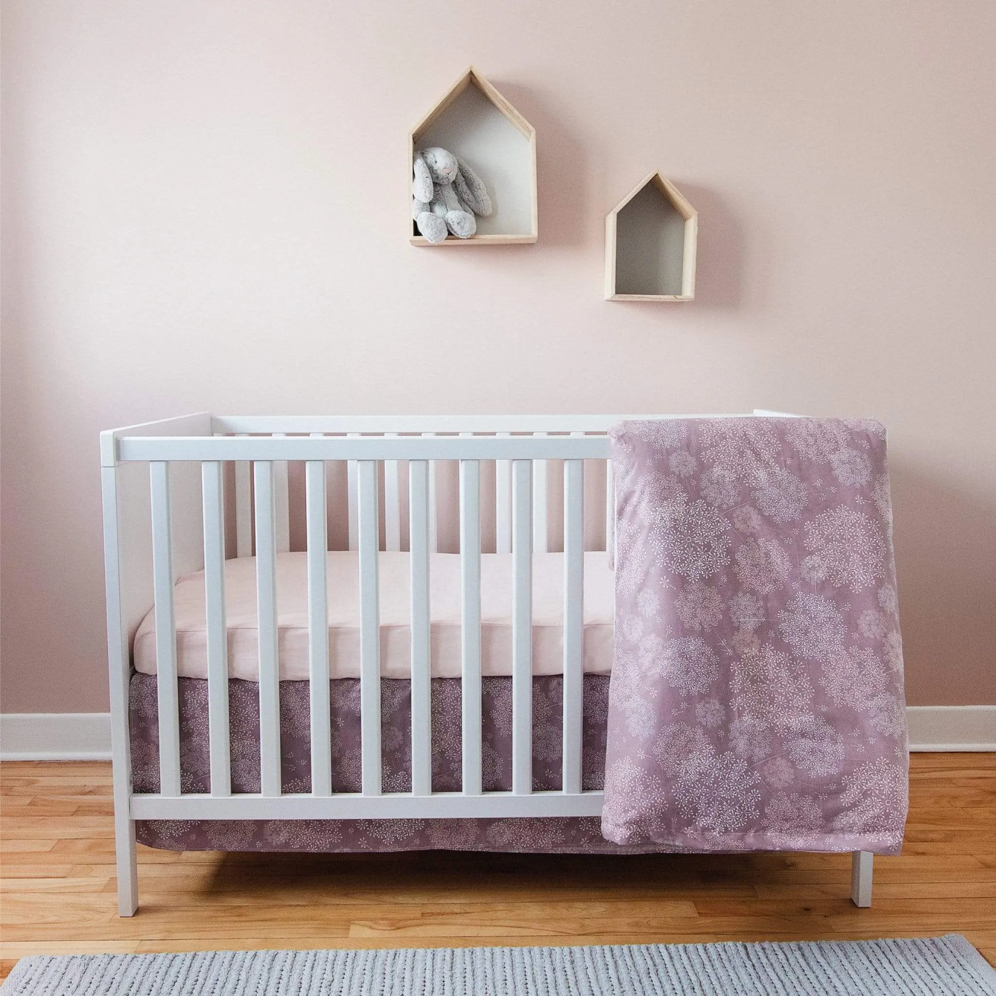 Crib bed skirt - Plum dandelions