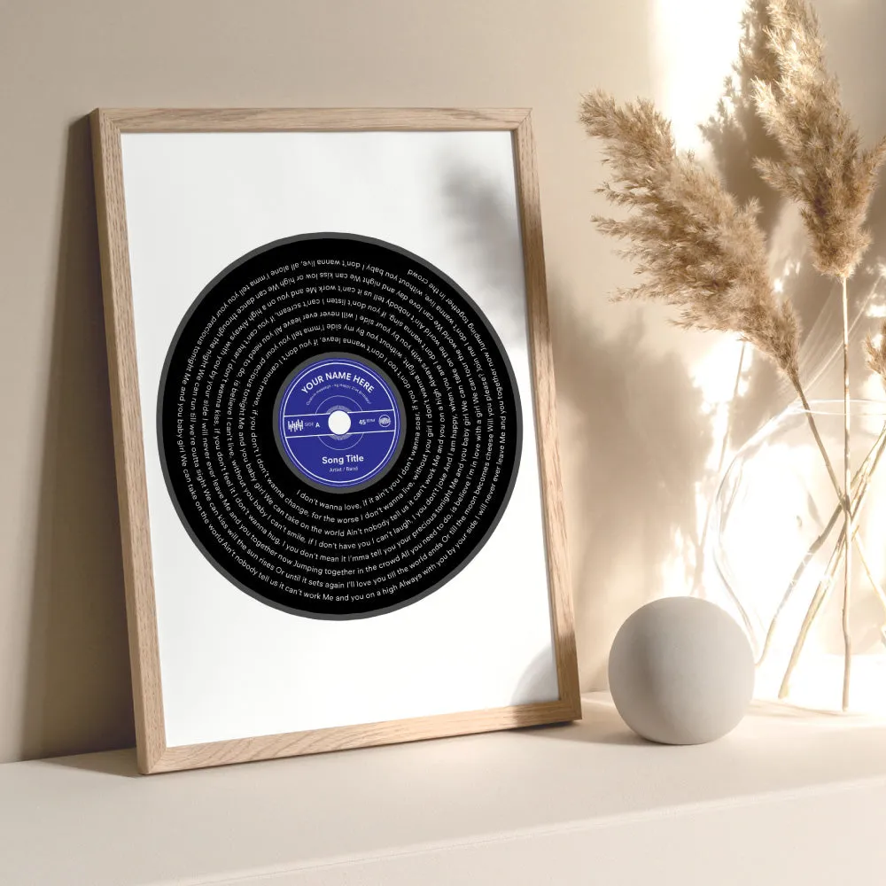 Custom Lyrics Vinyl Record Style. Favourite Song | Black   Your Colour - Art Print