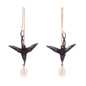 Gabriella Kiss Oxidized Bronze Flying Birds with White Pearl Earrings