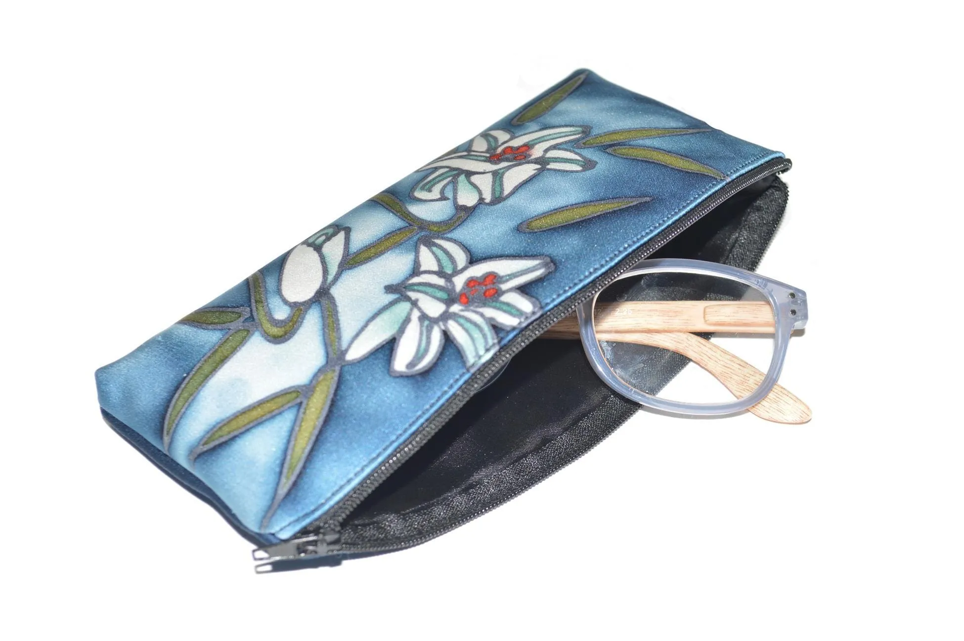 Hand-Painted Silk Eyeglass Case Blue Lilly