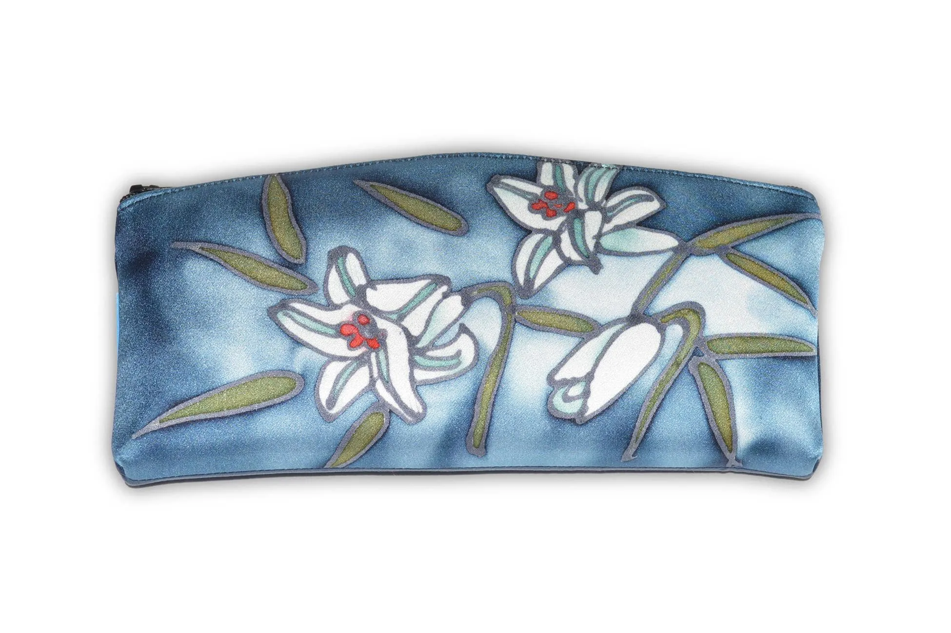 Hand-Painted Silk Eyeglass Case Blue Lilly