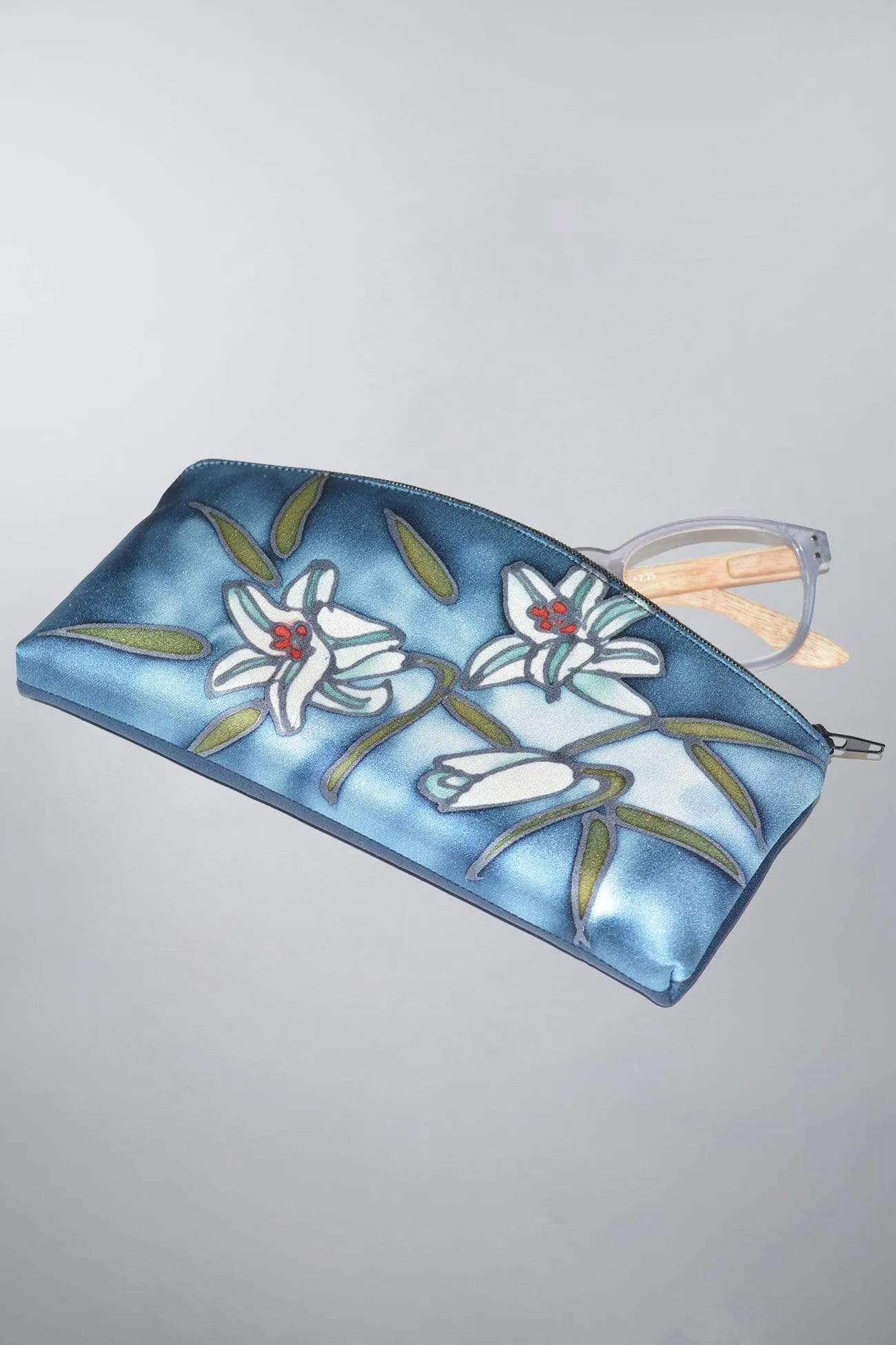 Hand-Painted Silk Eyeglass Case Blue Lilly