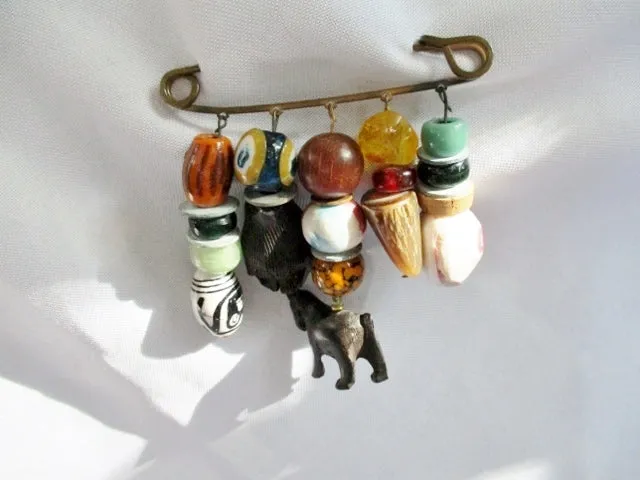 Handmade SAFETY PIN BROOCH Bead Art  PENGUIN BIRD HORSE COLORFUL