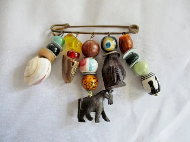 Handmade SAFETY PIN BROOCH Bead Art  PENGUIN BIRD HORSE COLORFUL