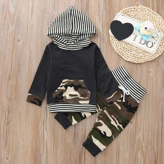 Hot sale Newborn Infant Baby Boy Camouflage Hoodie Striped T shirt Tops Pants Set Clothes