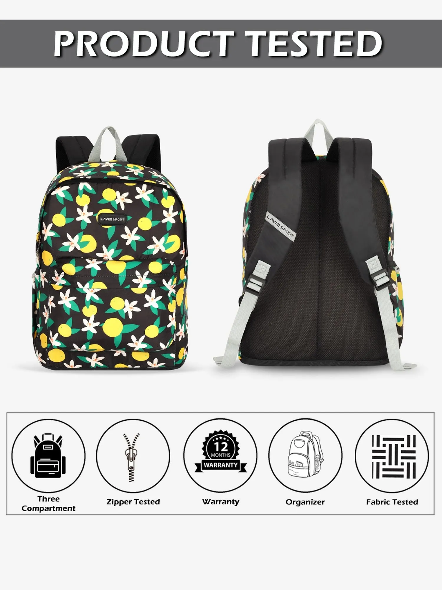 Lavie Sport Lime 18L Printed Casual Backpack |School Bag for Girls Black