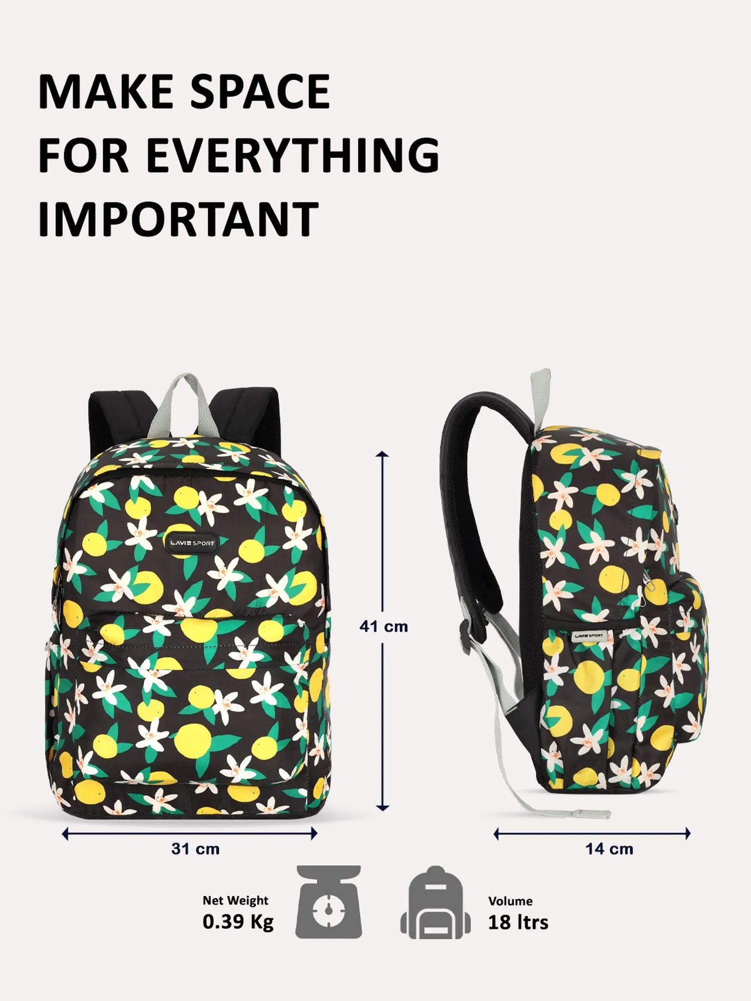 Lavie Sport Lime 18L Printed Casual Backpack |School Bag for Girls Black