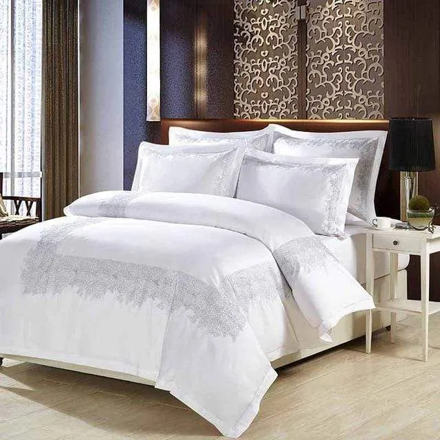 Luxury 100% cotton Embroidery home bedding set white satin duvet cover sets oriental vintage style bed linen bedclothes