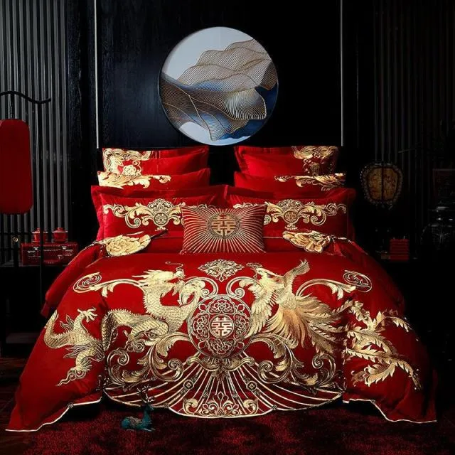 Luxury Red 100% Cotton Oriental Style Embroidery Wedding Bedding Sets