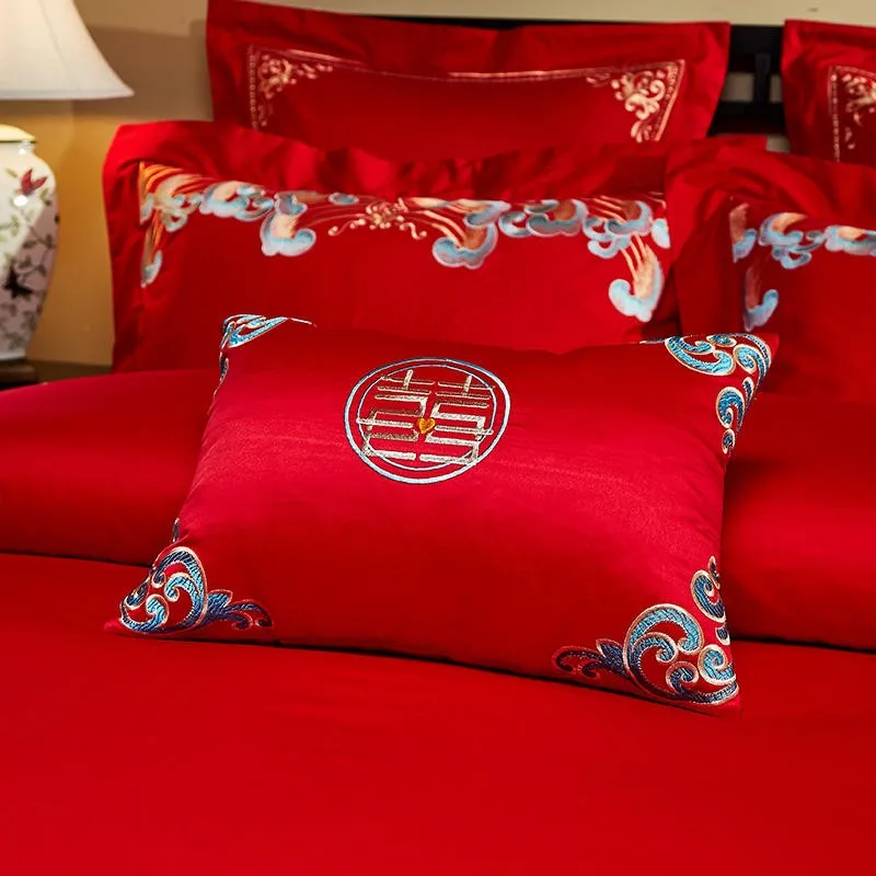 Luxury Red 100% Cotton Oriental Style Embroidery Wedding Bedding Sets