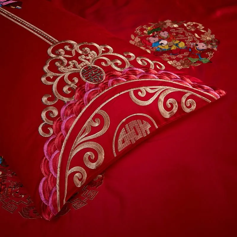 Luxury Red 100% Cotton Oriental Style Embroidery Wedding Bedding Sets