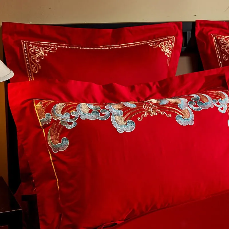 Luxury Red 100% Cotton Oriental Style Embroidery Wedding Bedding Sets