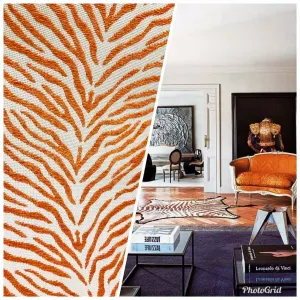 NEW Queen Claudia Designer Upholstery Heavyweight Burnout Zebra Chenille Fabric- Orange White BTY