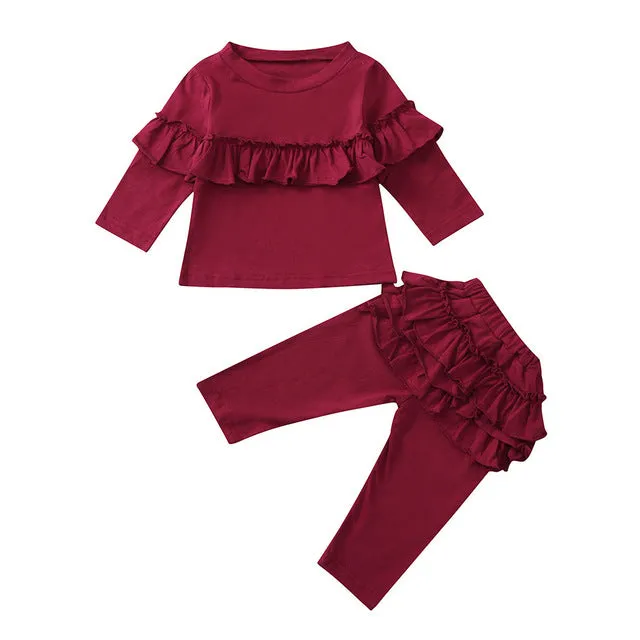 Newborn Baby Girl Clothes Set Toddler Infant Baby Girls Solid Ruffles Tops T-shirt Pants Outfits